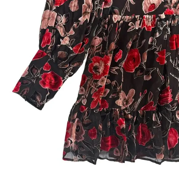 Fate Womens‎ Large Floral Velvet Mini Dress Sheer Romantic Cottagecore - Picture 13 of 13